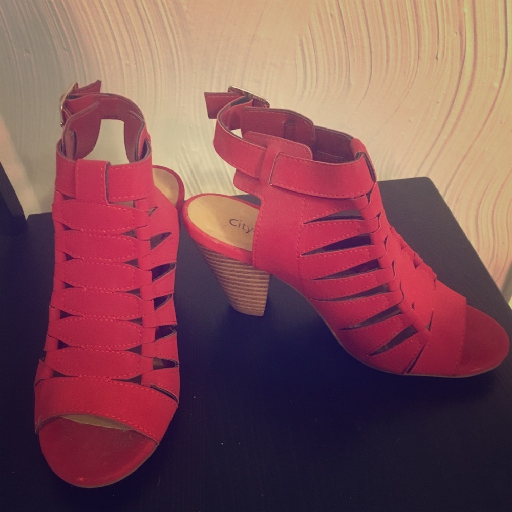 Red open-toe bootie sandals